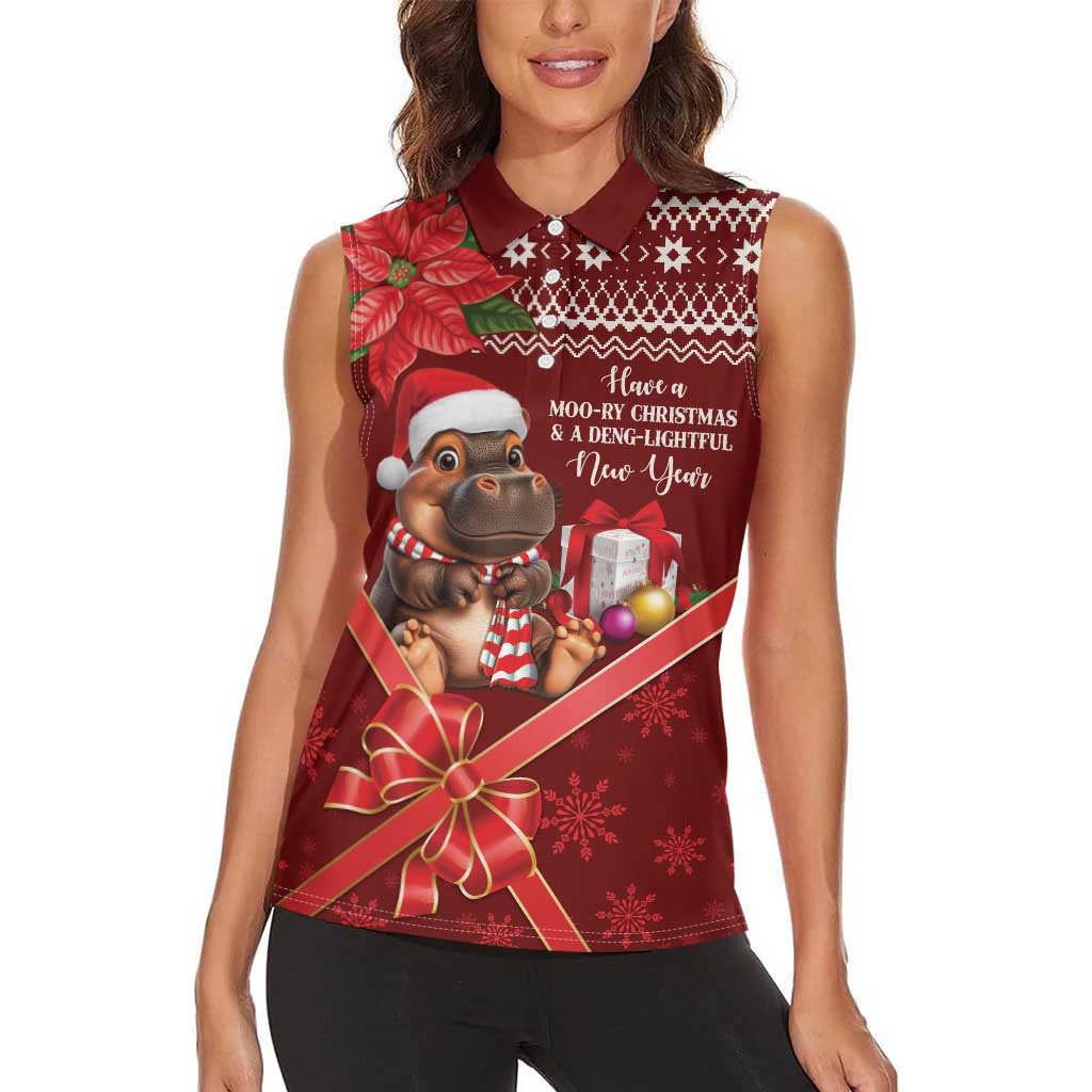 Funny Moo Deng Christmas Women Sleeveless Polo Shirt - Wonder Print Shop