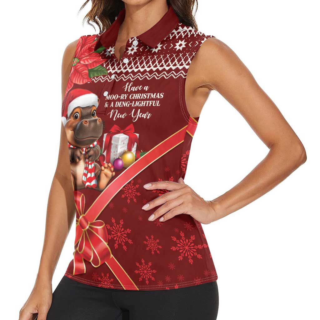 Funny Moo Deng Christmas Women Sleeveless Polo Shirt - Wonder Print Shop