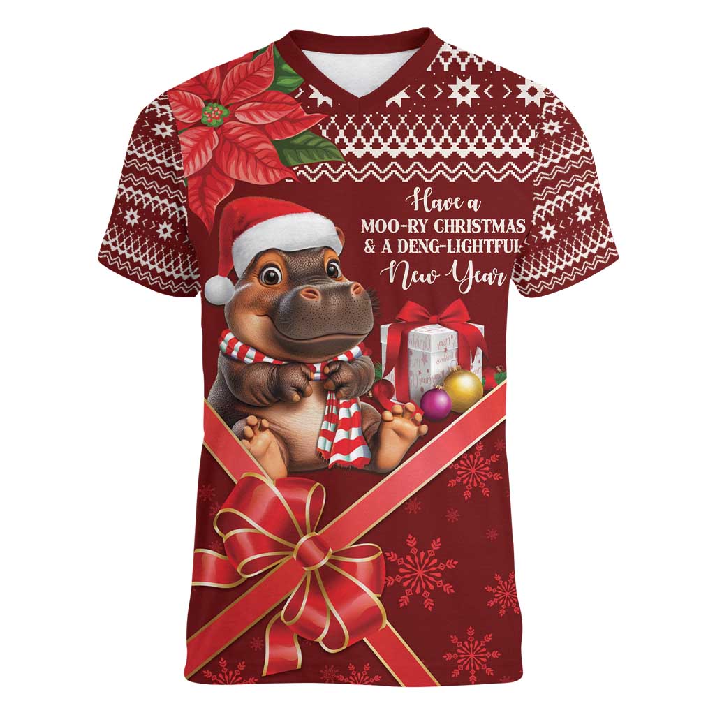 Funny Moo Deng Christmas Women V-Neck T-Shirt - Wonder Print Shop