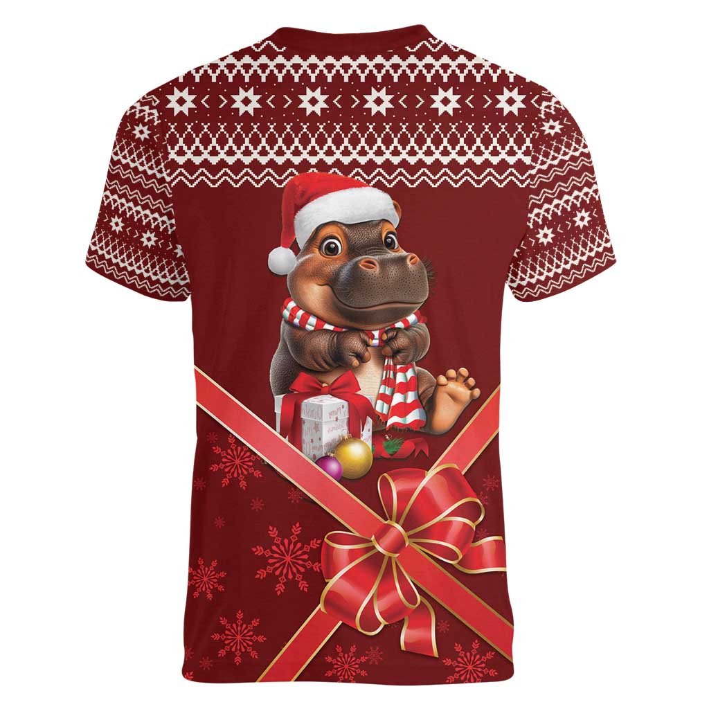 Funny Moo Deng Christmas Women V-Neck T-Shirt - Wonder Print Shop