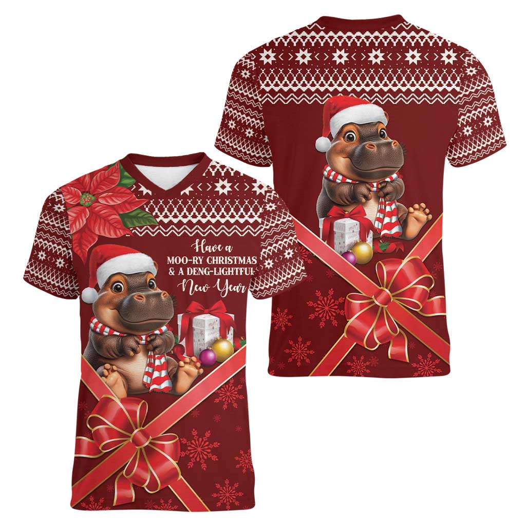 Funny Moo Deng Christmas Women V-Neck T-Shirt - Wonder Print Shop