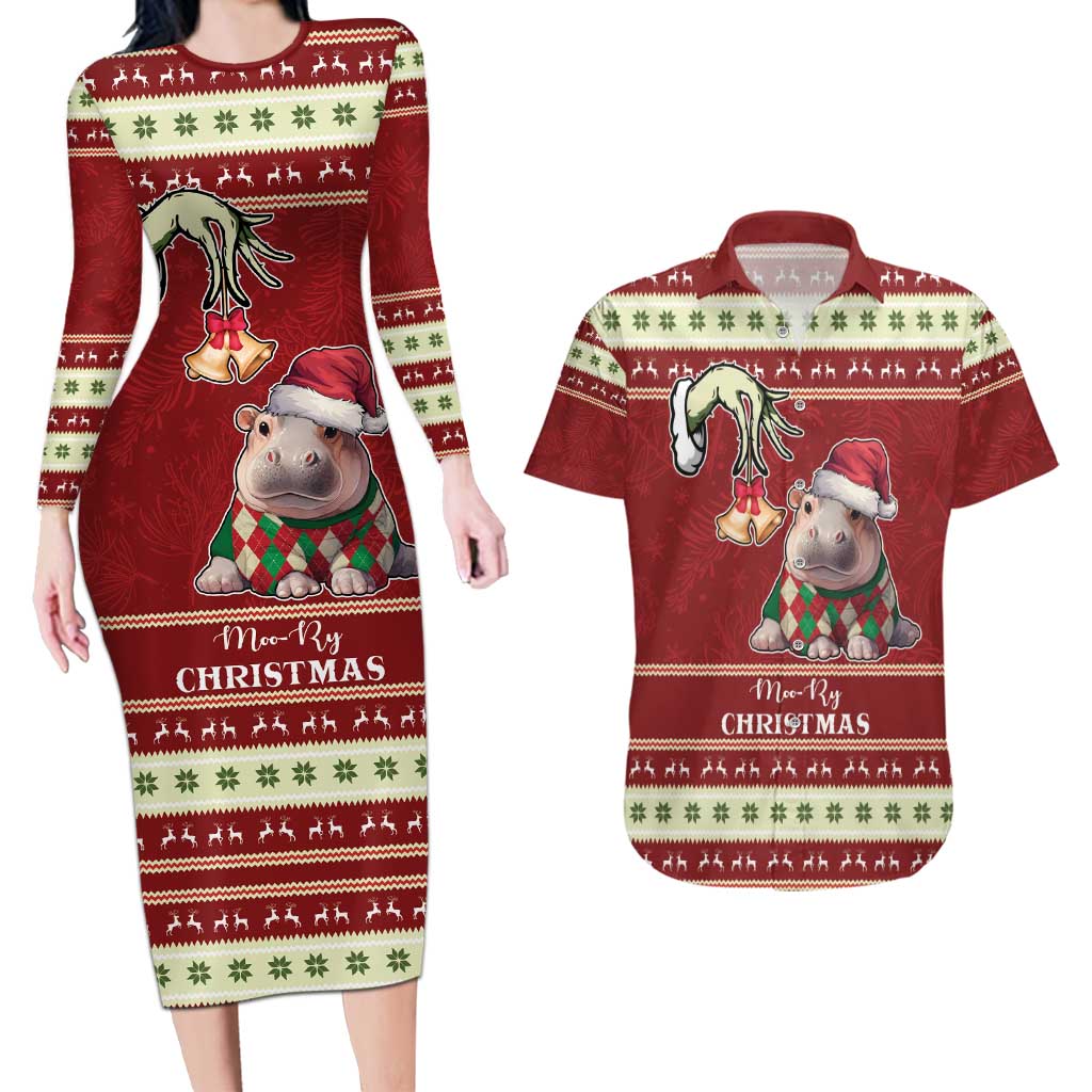 Moo Deng Moo-Ry Christmas Couples Matching Long Sleeve Bodycon Dress and Hawaiian Shirt Santa Baby Pygmy Hippo LT9 - Wonder Print Shop
