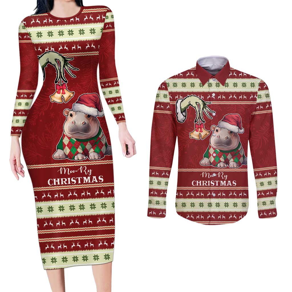 Moo Deng Moo-Ry Christmas Couples Matching Long Sleeve Bodycon Dress and Long Sleeve Button Shirt Santa Baby Pygmy Hippo LT9 - Wonder Print Shop
