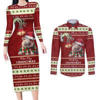 Moo Deng Moo-Ry Christmas Couples Matching Long Sleeve Bodycon Dress and Long Sleeve Button Shirt Santa Baby Pygmy Hippo LT9 - Wonder Print Shop