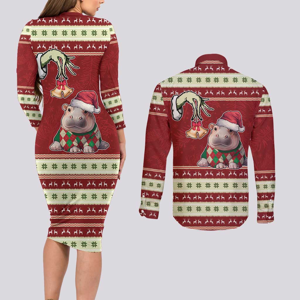 Moo Deng Moo-Ry Christmas Couples Matching Long Sleeve Bodycon Dress and Long Sleeve Button Shirt Santa Baby Pygmy Hippo LT9 - Wonder Print Shop