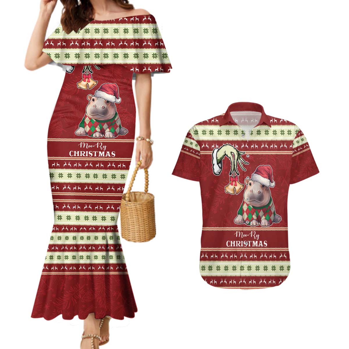 Moo Deng Moo-Ry Christmas Couples Matching Mermaid Dress and Hawaiian Shirt Santa Baby Pygmy Hippo LT9 - Wonder Print Shop