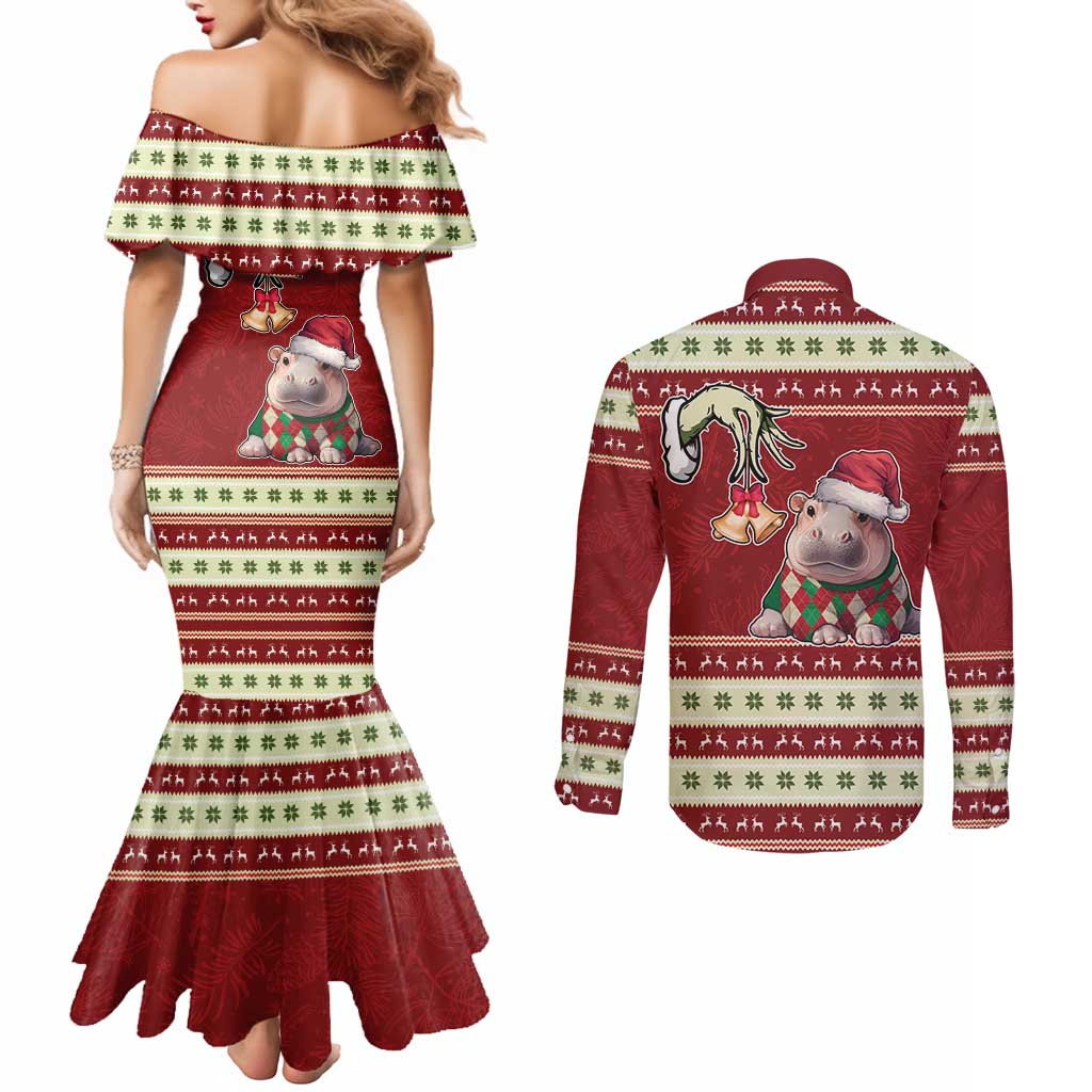 Moo Deng Moo-Ry Christmas Couples Matching Mermaid Dress and Long Sleeve Button Shirt Santa Baby Pygmy Hippo