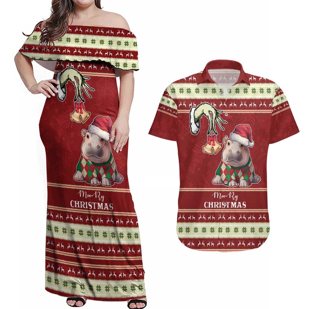 Moo Deng Moo-Ry Christmas Couples Matching Off Shoulder Maxi Dress and Hawaiian Shirt Santa Baby Pygmy Hippo LT9 - Wonder Print Shop