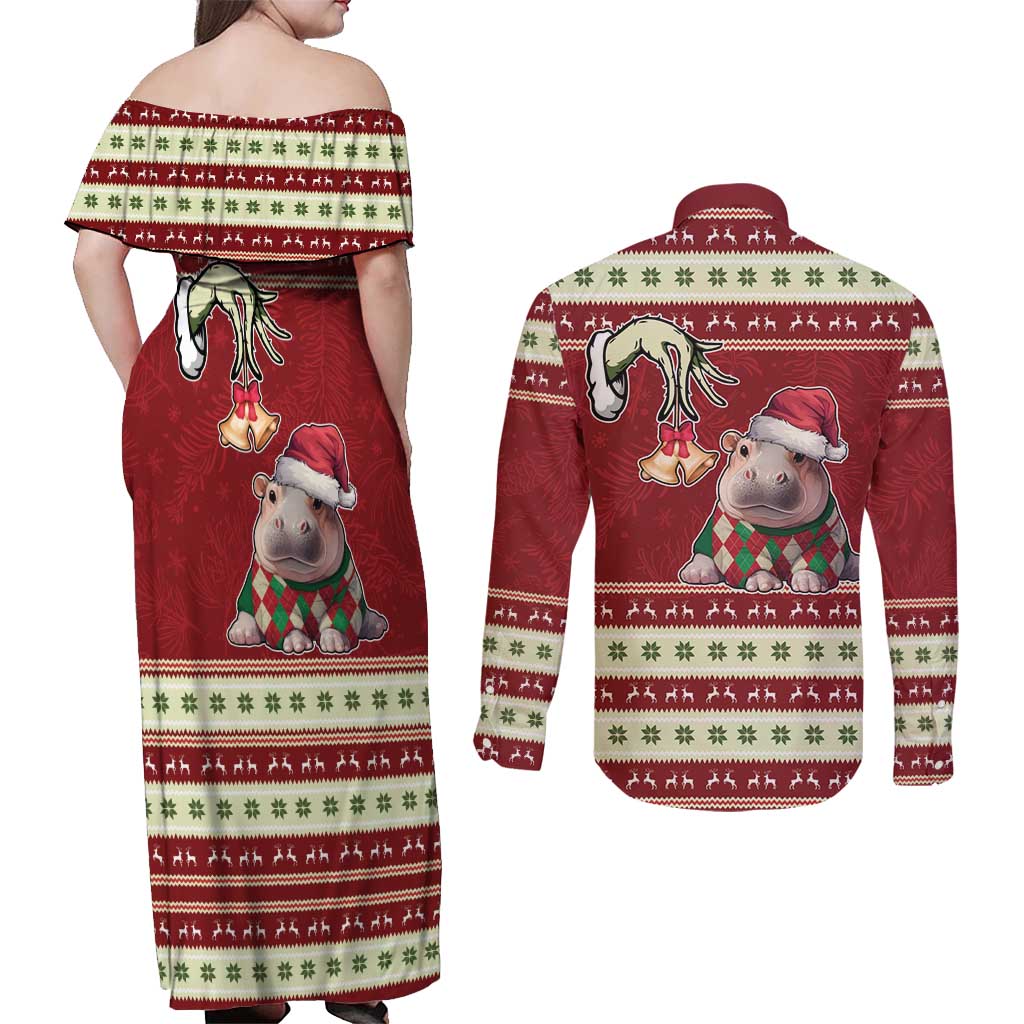 Moo Deng Moo-Ry Christmas Couples Matching Off Shoulder Maxi Dress and Long Sleeve Button Shirt Santa Baby Pygmy Hippo LT9 - Wonder Print Shop