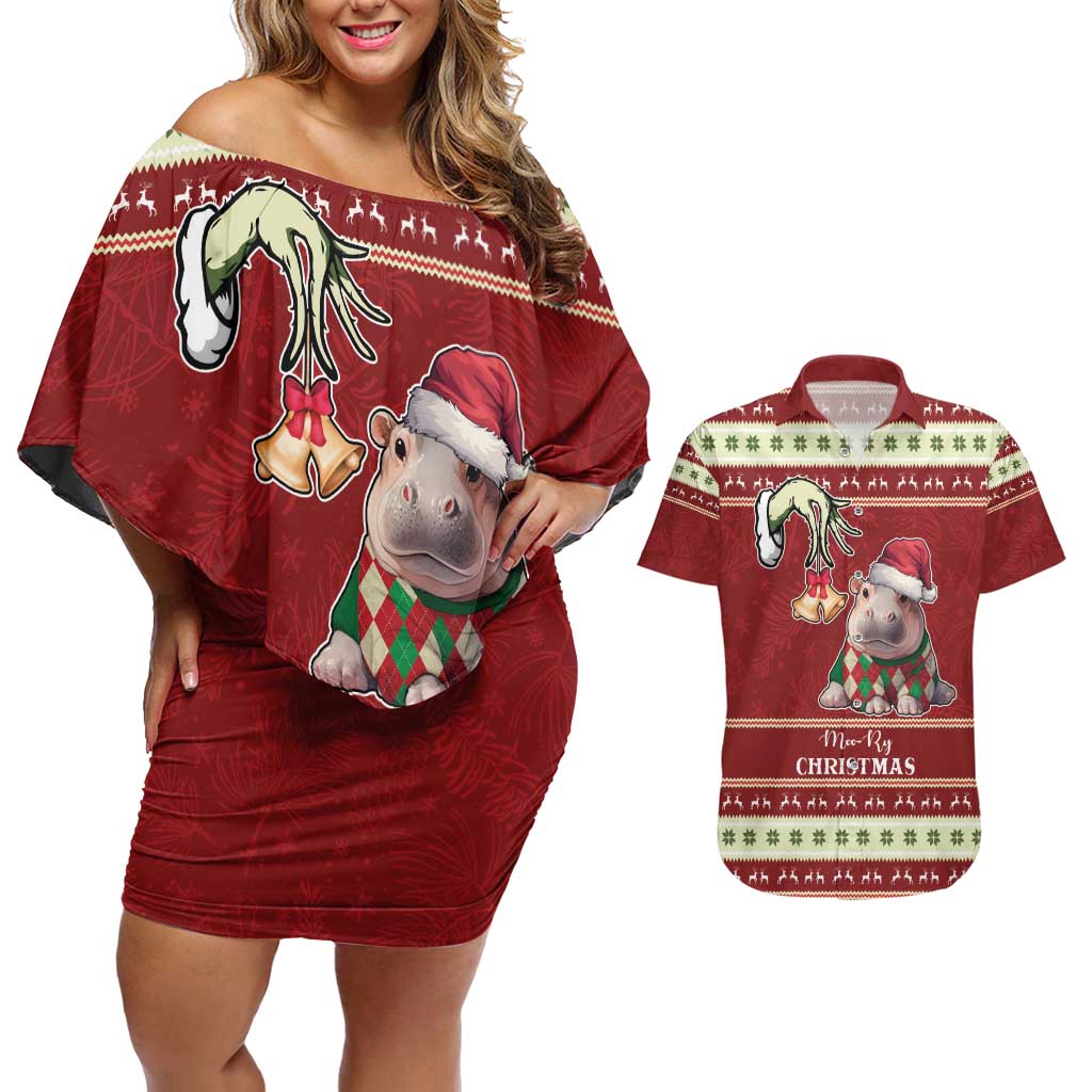 Moo Deng Moo-Ry Christmas Couples Matching Off Shoulder Short Dress and Hawaiian Shirt Santa Baby Pygmy Hippo LT9 - Wonder Print Shop