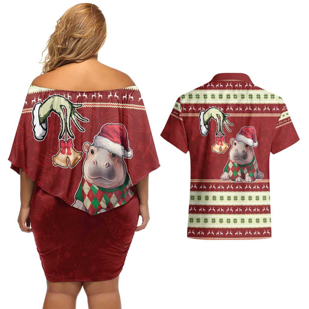Moo Deng Moo-Ry Christmas Couples Matching Off Shoulder Short Dress and Hawaiian Shirt Santa Baby Pygmy Hippo LT9 - Wonder Print Shop