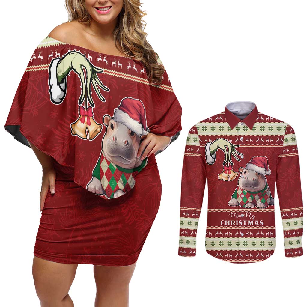 Moo Deng Moo-Ry Christmas Couples Matching Off Shoulder Short Dress and Long Sleeve Button Shirt Santa Baby Pygmy Hippo LT9 - Wonder Print Shop