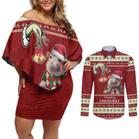 Moo Deng Moo-Ry Christmas Couples Matching Off Shoulder Short Dress and Long Sleeve Button Shirt Santa Baby Pygmy Hippo LT9 - Wonder Print Shop