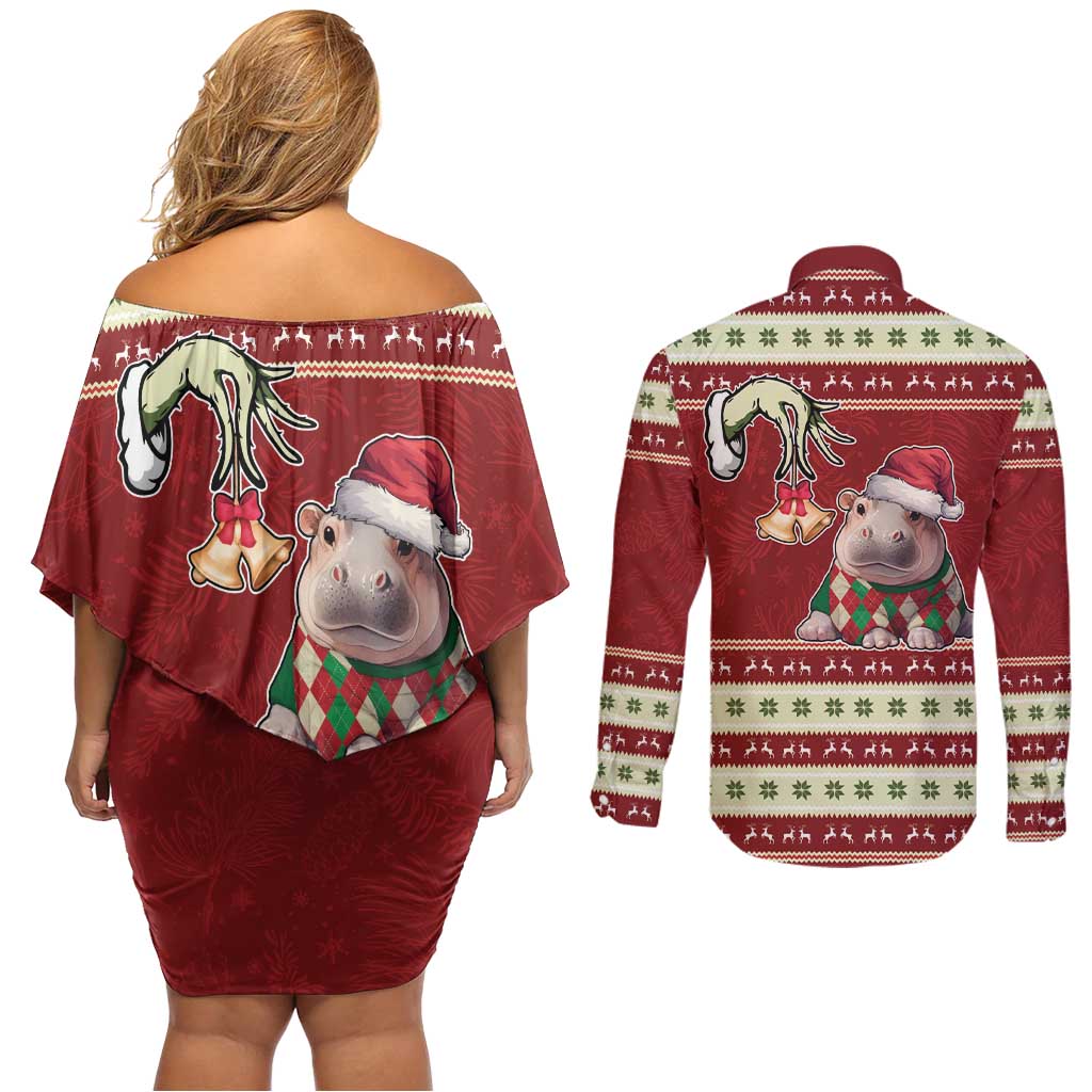 Moo Deng Moo-Ry Christmas Couples Matching Off Shoulder Short Dress and Long Sleeve Button Shirt Santa Baby Pygmy Hippo LT9 - Wonder Print Shop