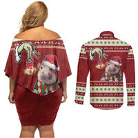 Moo Deng Moo-Ry Christmas Couples Matching Off Shoulder Short Dress and Long Sleeve Button Shirt Santa Baby Pygmy Hippo LT9 - Wonder Print Shop
