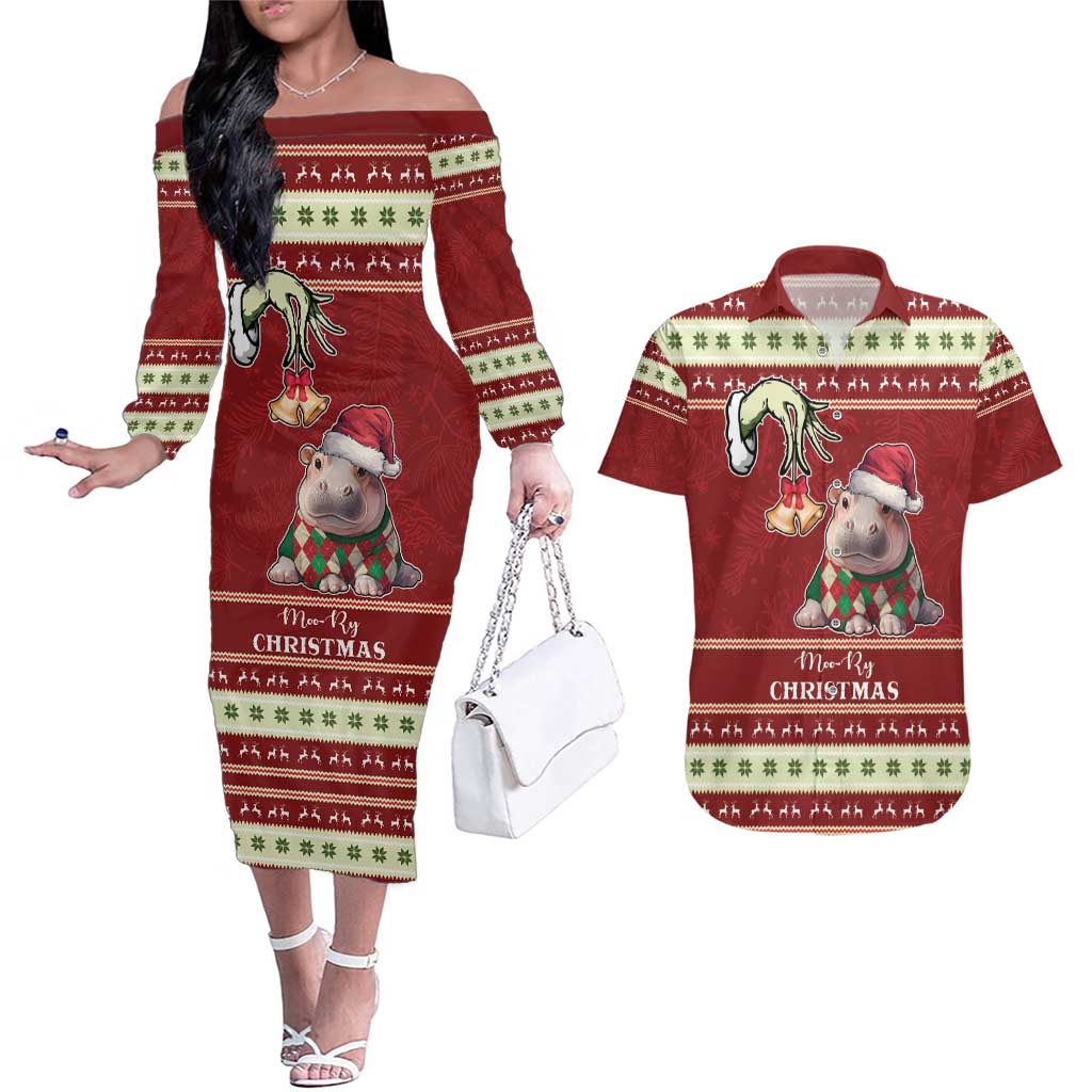 Moo Deng Moo-Ry Christmas Couples Matching Off The Shoulder Long Sleeve Dress and Hawaiian Shirt Santa Baby Pygmy Hippo LT9 - Wonder Print Shop