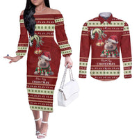 Moo Deng Moo-Ry Christmas Couples Matching Off The Shoulder Long Sleeve Dress and Long Sleeve Button Shirt Santa Baby Pygmy Hippo