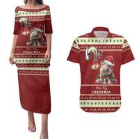Moo Deng Moo-Ry Christmas Couples Matching Puletasi and Hawaiian Shirt Santa Baby Pygmy Hippo LT9 - Wonder Print Shop