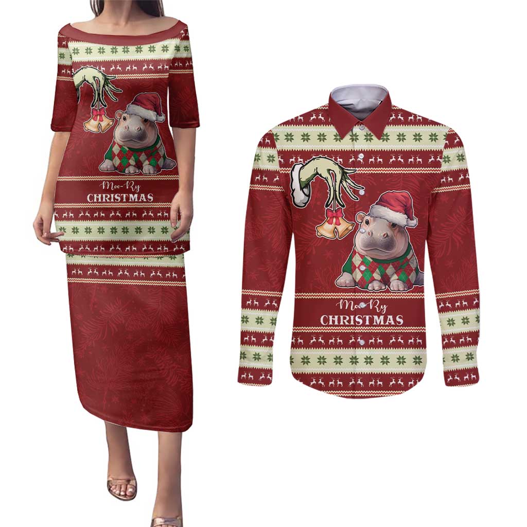 Moo Deng Moo-Ry Christmas Couples Matching Puletasi and Long Sleeve Button Shirt Santa Baby Pygmy Hippo LT9 - Wonder Print Shop