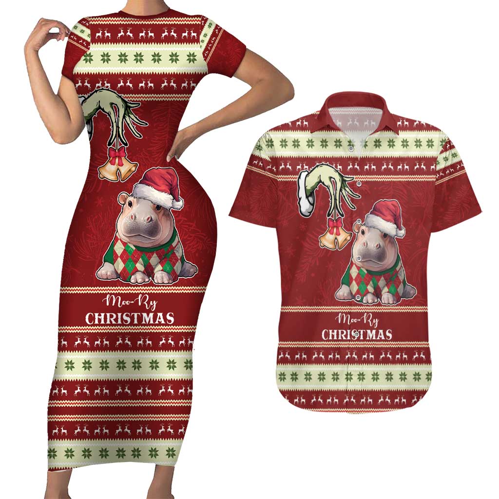 Moo Deng Moo-Ry Christmas Couples Matching Short Sleeve Bodycon Dress and Hawaiian Shirt Santa Baby Pygmy Hippo LT9 - Wonder Print Shop