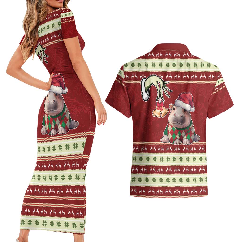 Moo Deng Moo-Ry Christmas Couples Matching Short Sleeve Bodycon Dress and Hawaiian Shirt Santa Baby Pygmy Hippo LT9 - Wonder Print Shop