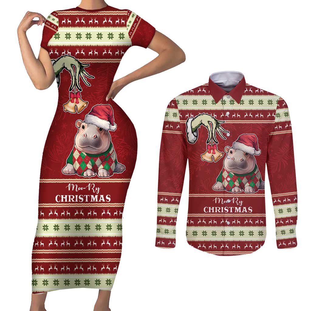 Moo Deng Moo-Ry Christmas Couples Matching Short Sleeve Bodycon Dress and Long Sleeve Button Shirt Santa Baby Pygmy Hippo LT9 - Wonder Print Shop