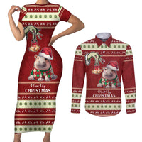Moo Deng Moo-Ry Christmas Couples Matching Short Sleeve Bodycon Dress and Long Sleeve Button Shirt Santa Baby Pygmy Hippo LT9 - Wonder Print Shop