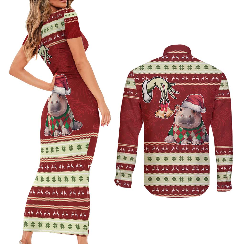 Moo Deng Moo-Ry Christmas Couples Matching Short Sleeve Bodycon Dress and Long Sleeve Button Shirt Santa Baby Pygmy Hippo LT9 - Wonder Print Shop