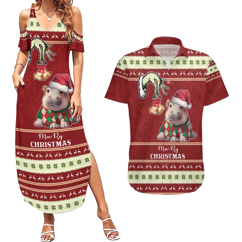 Moo Deng Moo-Ry Christmas Couples Matching Summer Maxi Dress and Hawaiian Shirt Santa Baby Pygmy Hippo LT9 - Wonder Print Shop