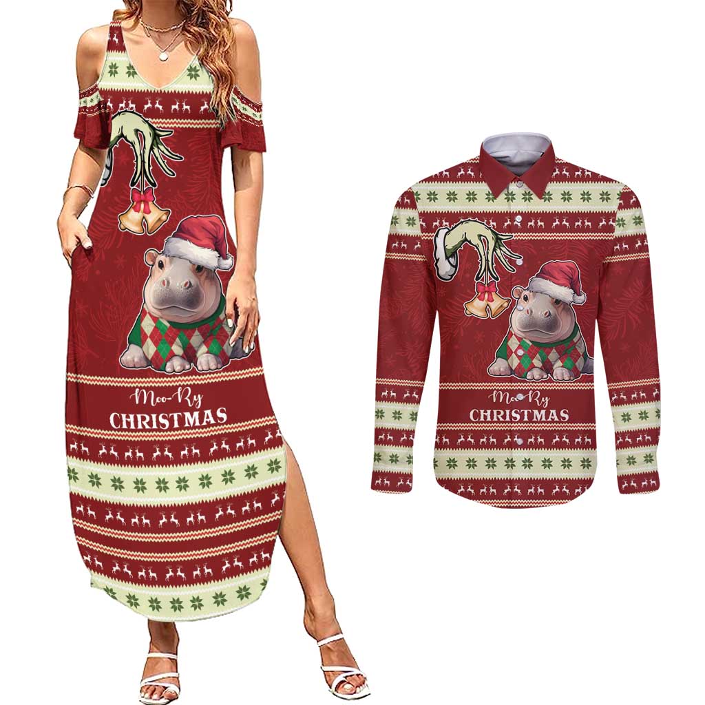 Moo Deng Moo-Ry Christmas Couples Matching Summer Maxi Dress and Long Sleeve Button Shirt Santa Baby Pygmy Hippo LT9 - Wonder Print Shop