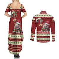 Moo Deng Moo-Ry Christmas Couples Matching Summer Maxi Dress and Long Sleeve Button Shirt Santa Baby Pygmy Hippo LT9 - Wonder Print Shop