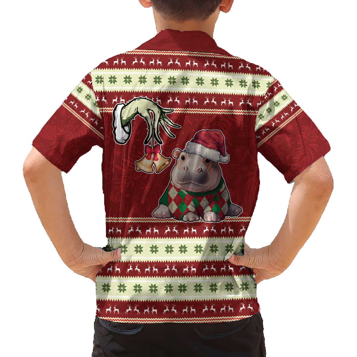 Moo Deng Moo-Ry Christmas Family Matching Off The Shoulder Long Sleeve Dress and Hawaiian Shirt Santa Baby Pygmy Hippo - Wonder Print Shop