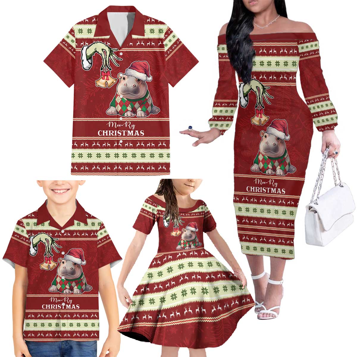 Moo Deng Moo-Ry Christmas Family Matching Off The Shoulder Long Sleeve Dress and Hawaiian Shirt Santa Baby Pygmy Hippo - Wonder Print Shop