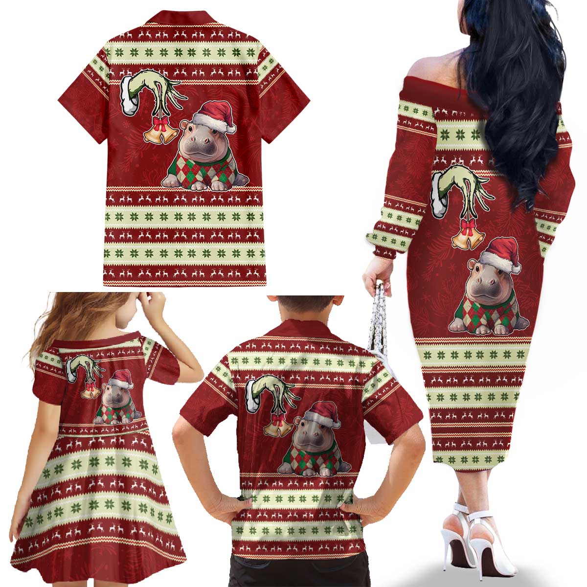 Moo Deng Moo-Ry Christmas Family Matching Off The Shoulder Long Sleeve Dress and Hawaiian Shirt Santa Baby Pygmy Hippo - Wonder Print Shop