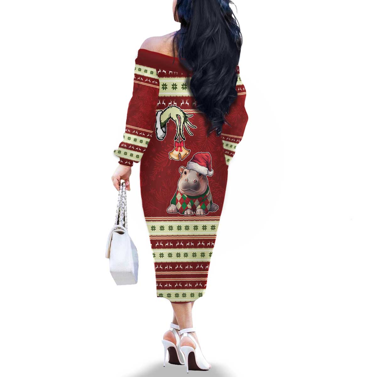 Moo Deng Moo-Ry Christmas Family Matching Off The Shoulder Long Sleeve Dress and Hawaiian Shirt Santa Baby Pygmy Hippo - Wonder Print Shop