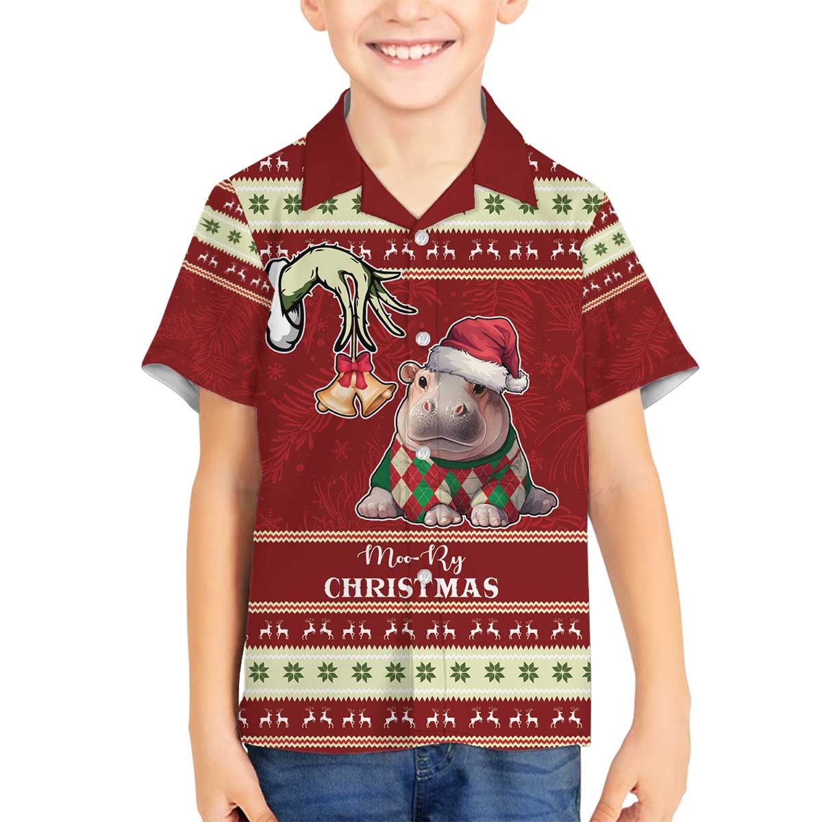 Moo Deng Moo-Ry Christmas Family Matching Off The Shoulder Long Sleeve Dress and Hawaiian Shirt Santa Baby Pygmy Hippo - Wonder Print Shop