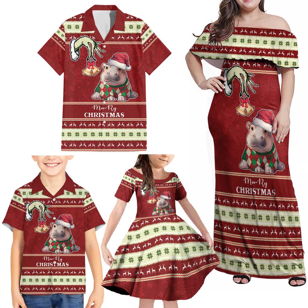 Moo Deng Moo-Ry Christmas Family Matching Off Shoulder Maxi Dress and Hawaiian Shirt Santa Baby Pygmy Hippo LT9 - Wonder Print Shop
