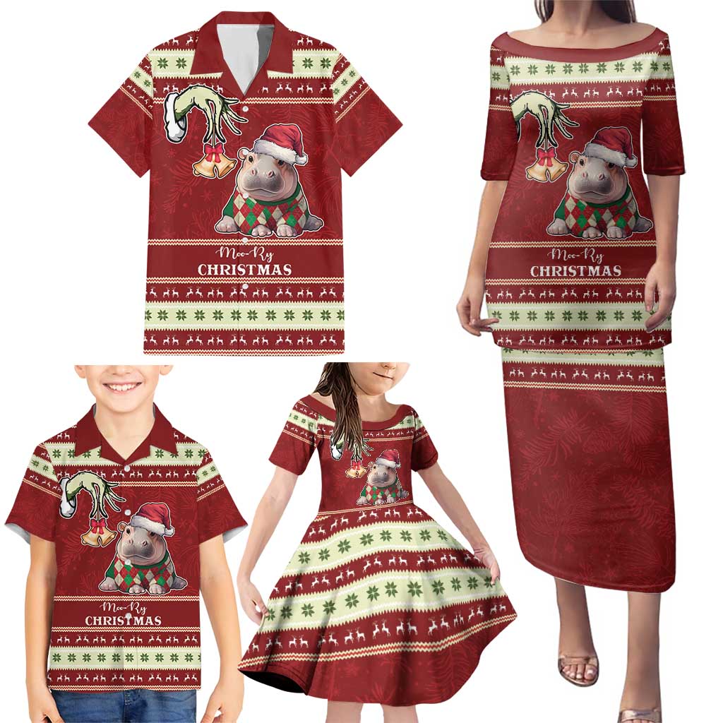 Moo Deng Moo-Ry Christmas Family Matching Puletasi and Hawaiian Shirt Santa Baby Pygmy Hippo - Wonder Print Shop