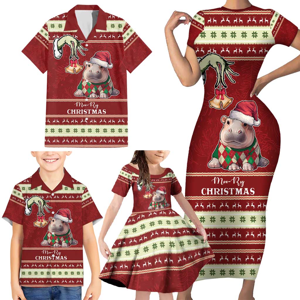 Moo Deng Moo-Ry Christmas Family Matching Short Sleeve Bodycon Dress and Hawaiian Shirt Santa Baby Pygmy Hippo - Wonder Print Shop