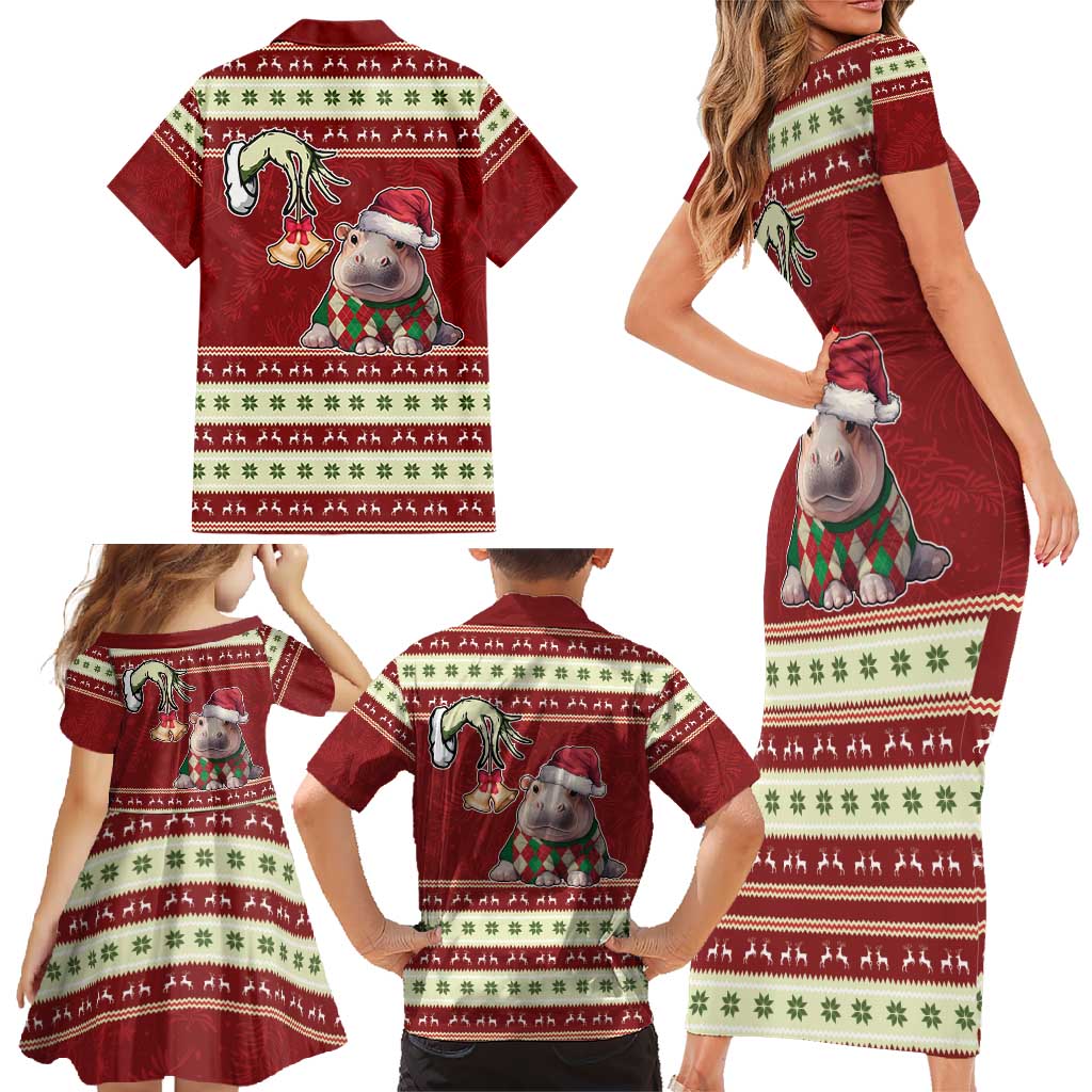 Moo Deng Moo-Ry Christmas Family Matching Short Sleeve Bodycon Dress and Hawaiian Shirt Santa Baby Pygmy Hippo - Wonder Print Shop