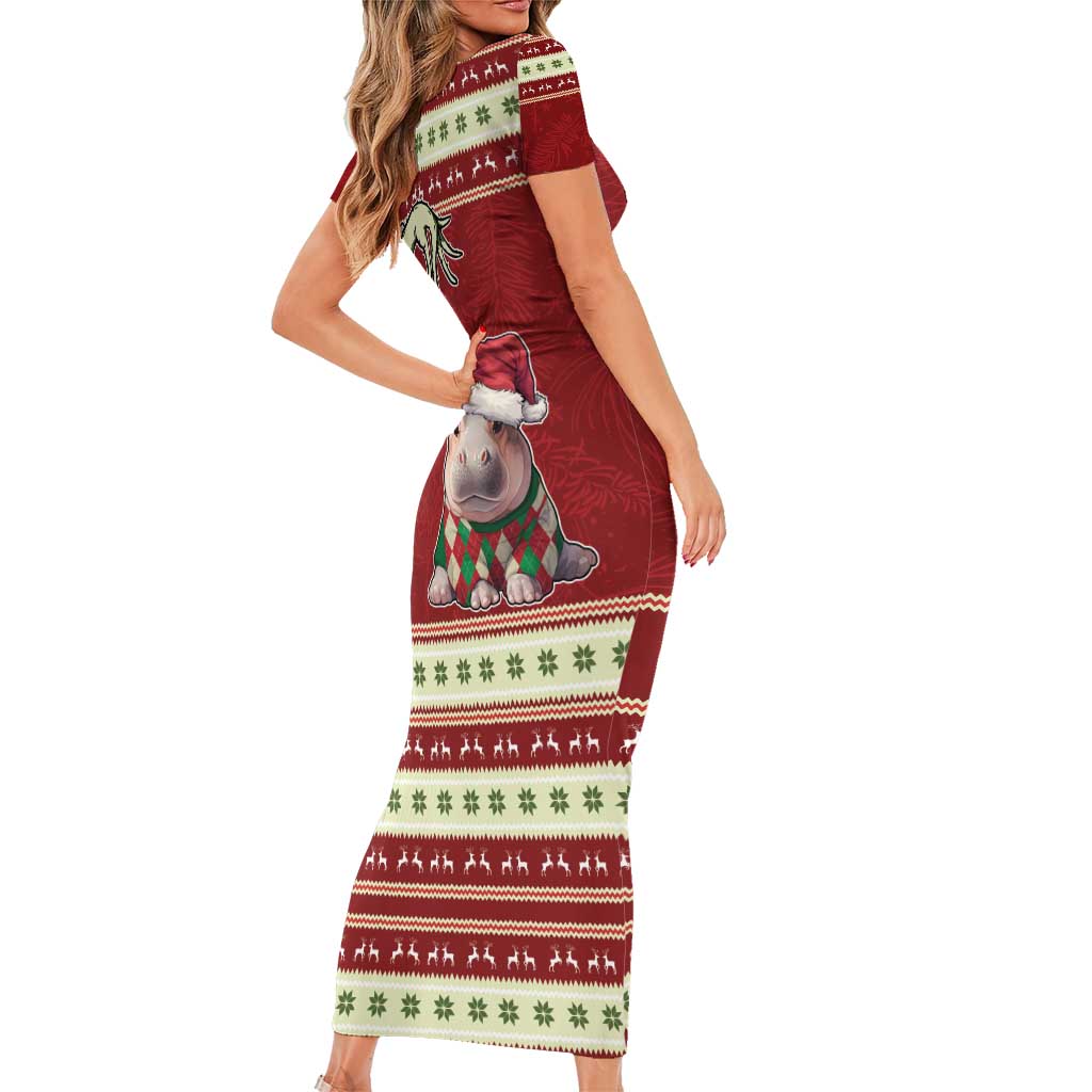 Moo Deng Moo-Ry Christmas Family Matching Short Sleeve Bodycon Dress and Hawaiian Shirt Santa Baby Pygmy Hippo - Wonder Print Shop