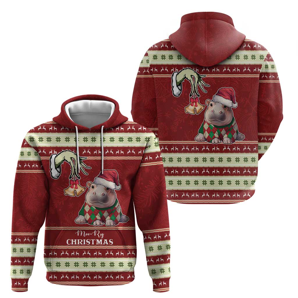 Moo Deng Moo-Ry Christmas Hoodie Santa Baby Pygmy Hippo - Wonder Print Shop