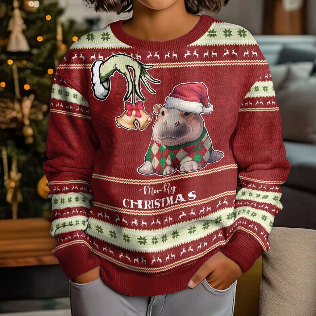Moo Deng Moo-Ry Christmas Kid Ugly Christmas Sweater Santa Baby Pygmy Hippo - Wonder Print Shop