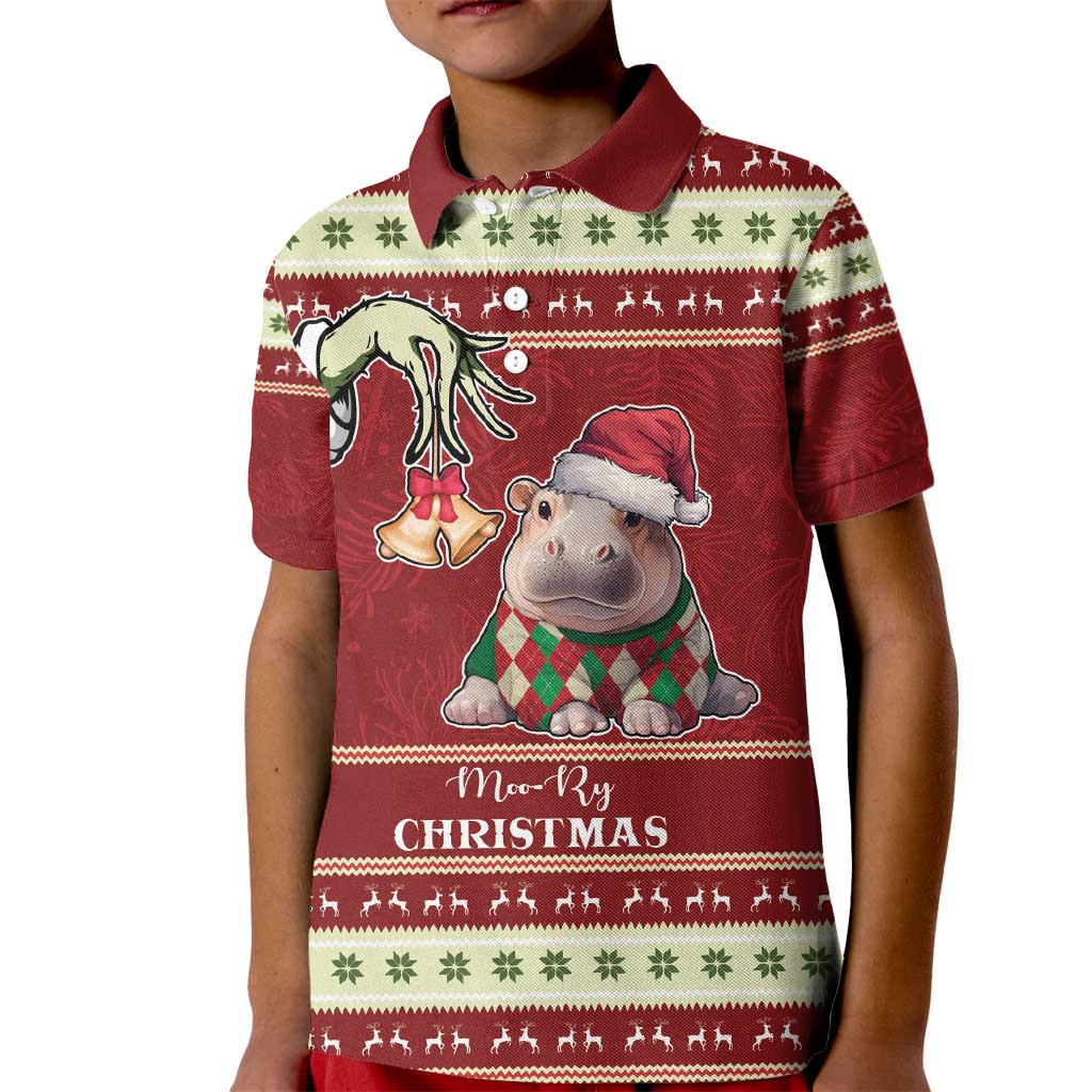 Moo Deng Moo-Ry Christmas Kid Polo Shirt Santa Baby Pygmy Hippo - Wonder Print Shop