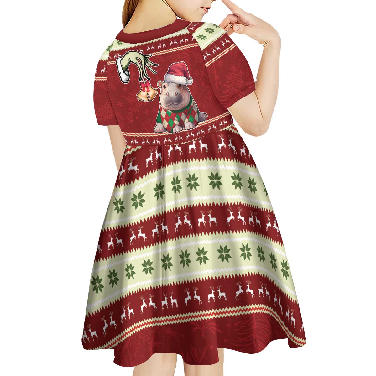 Moo Deng Moo-Ry Christmas Kid Short Sleeve Dress Santa Baby Pygmy Hippo - Wonder Print Shop