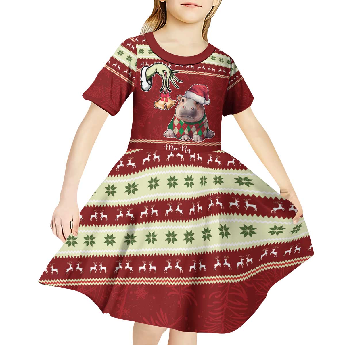 Moo Deng Moo-Ry Christmas Kid Short Sleeve Dress Santa Baby Pygmy Hippo - Wonder Print Shop