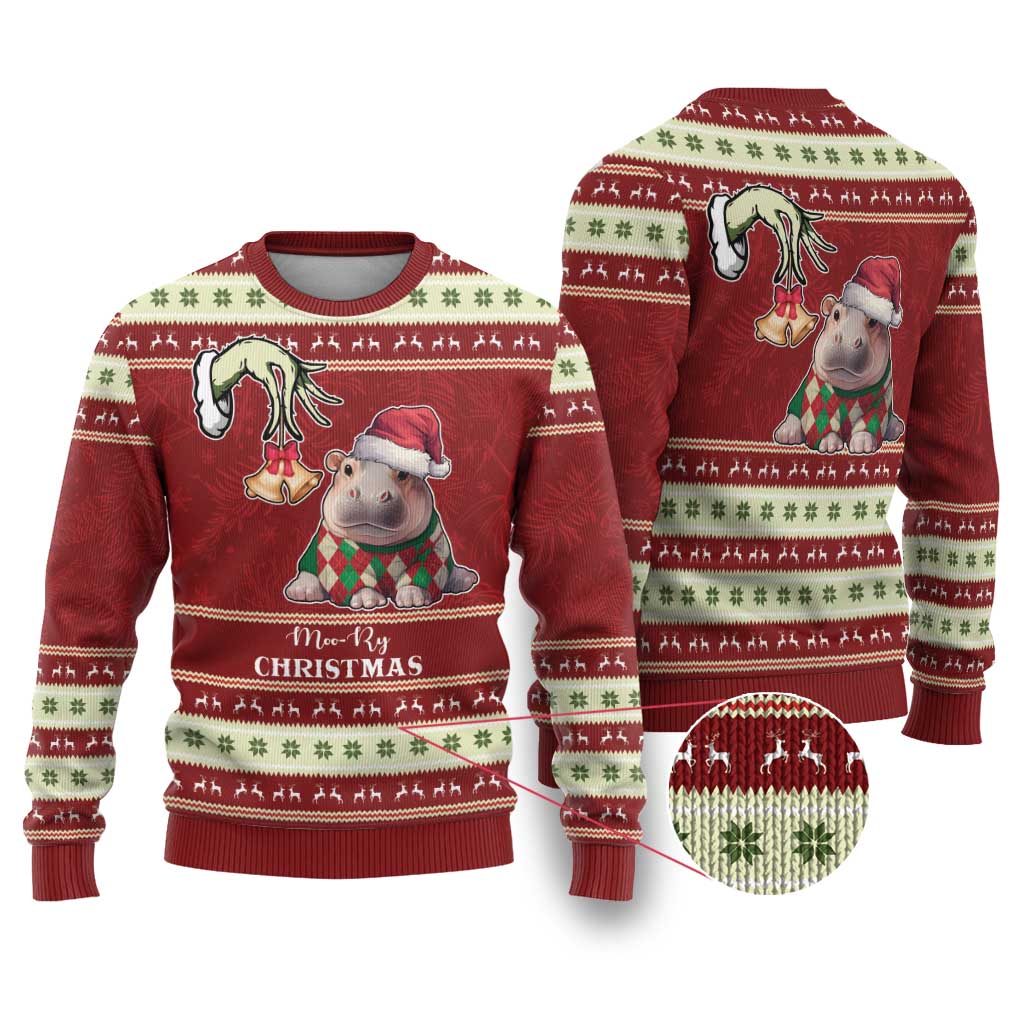 Moo Deng Moo-Ry Christmas Ugly Christmas Sweater Santa Baby Pygmy Hippo - Wonder Print Shop