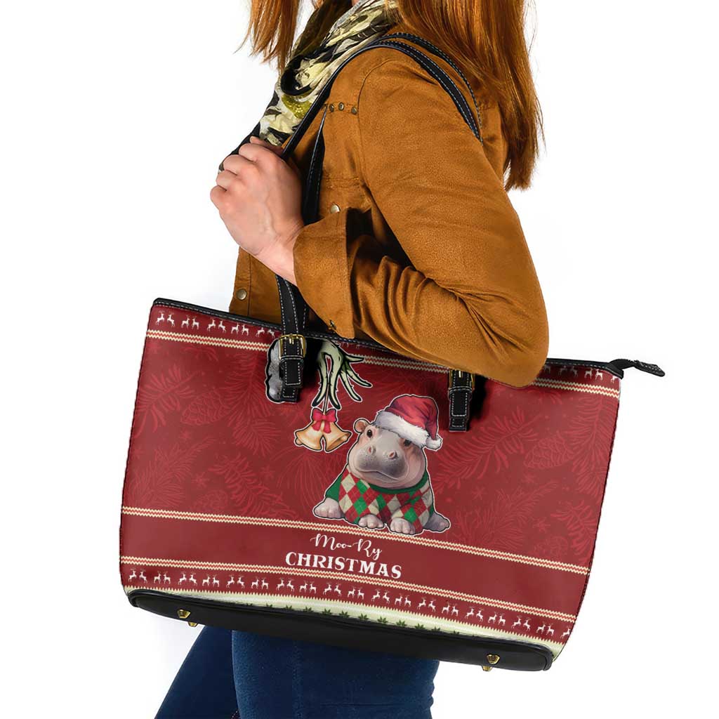 Moo Deng Moo-Ry Christmas Leather Tote Bag Santa Baby Pygmy Hippo - Wonder Print Shop