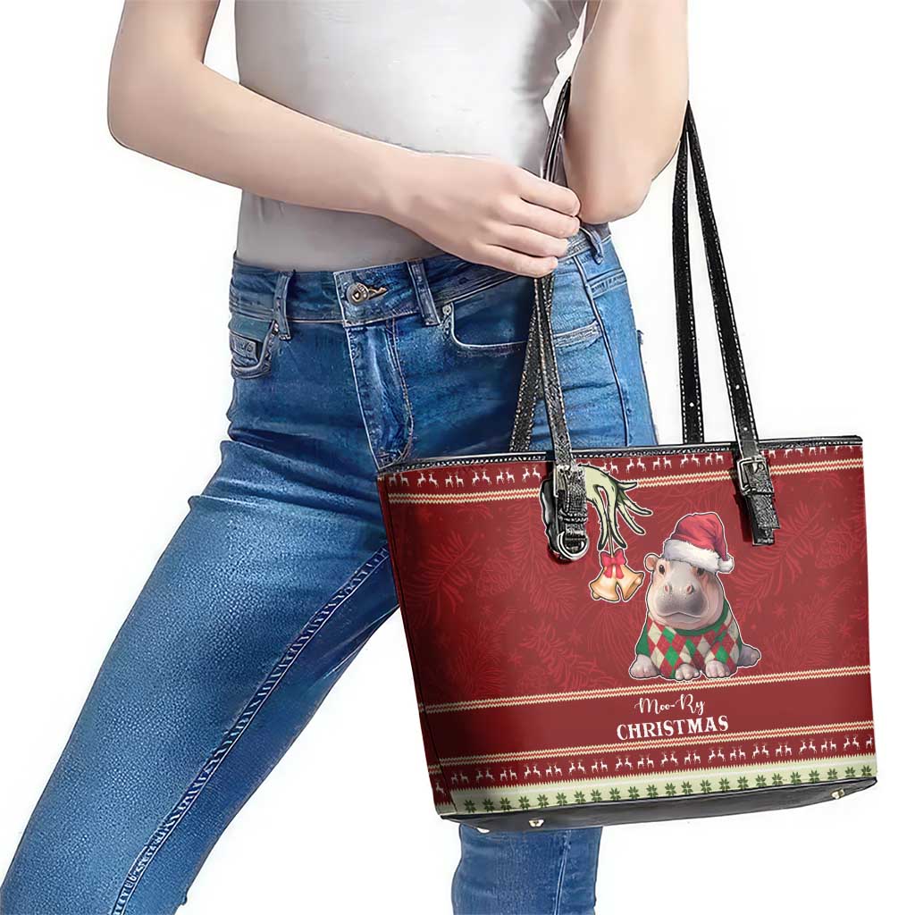 Moo Deng Moo-Ry Christmas Leather Tote Bag Santa Baby Pygmy Hippo - Wonder Print Shop