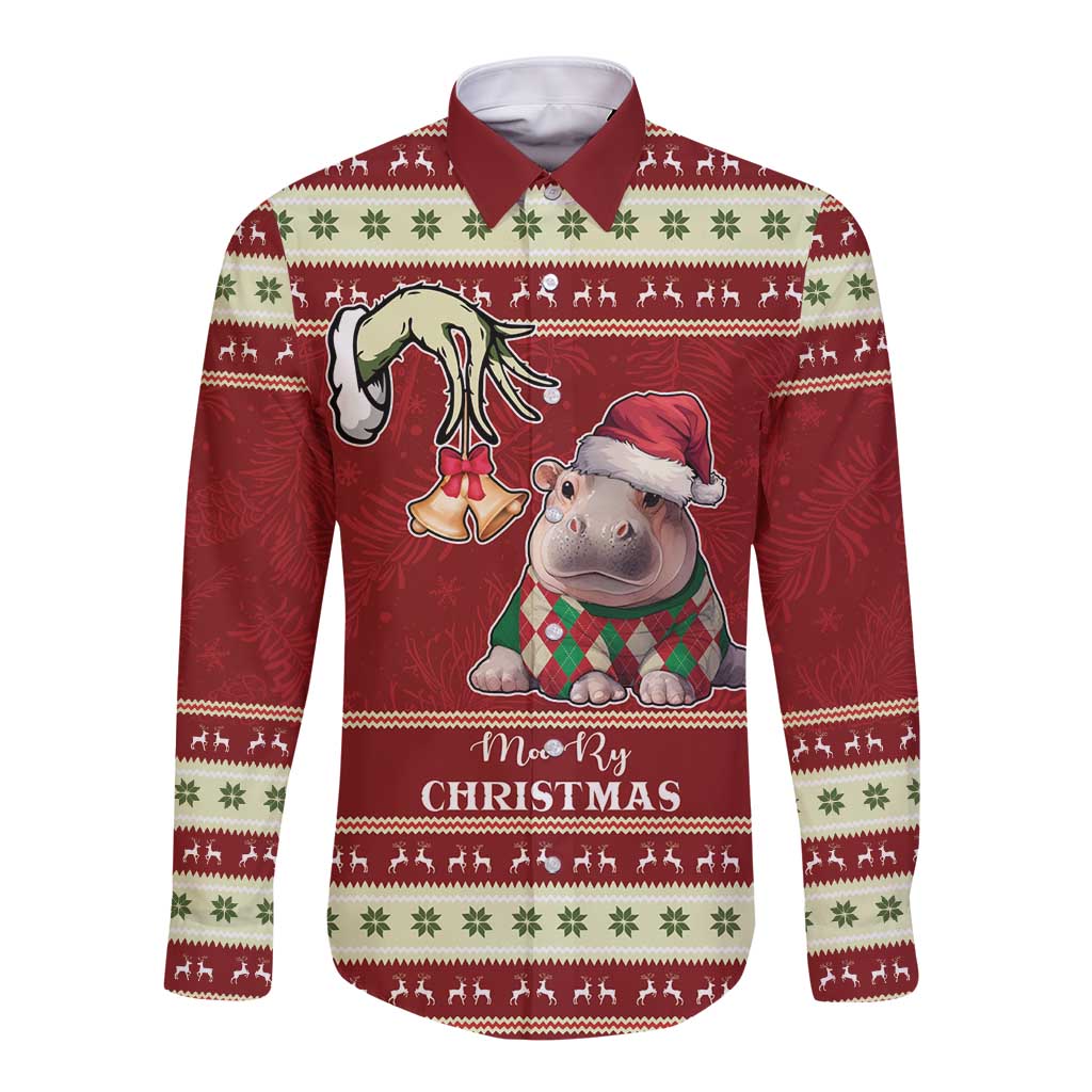Moo Deng Moo-Ry Christmas Long Sleeve Button Shirt Santa Baby Pygmy Hippo - Wonder Print Shop